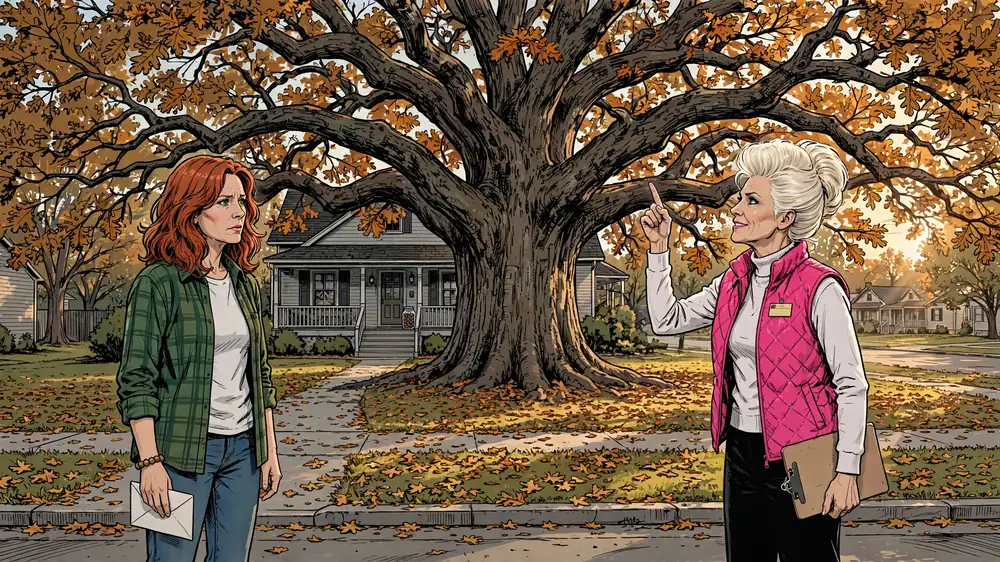 Scene from Chapter 1 of HOA President Cut Down My 100-Year-Old Oak Tree.